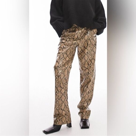 042 New Topshop Snakeskin Print Straight Leg Faux Leather Pants Size 6 - Picture 1 of 10